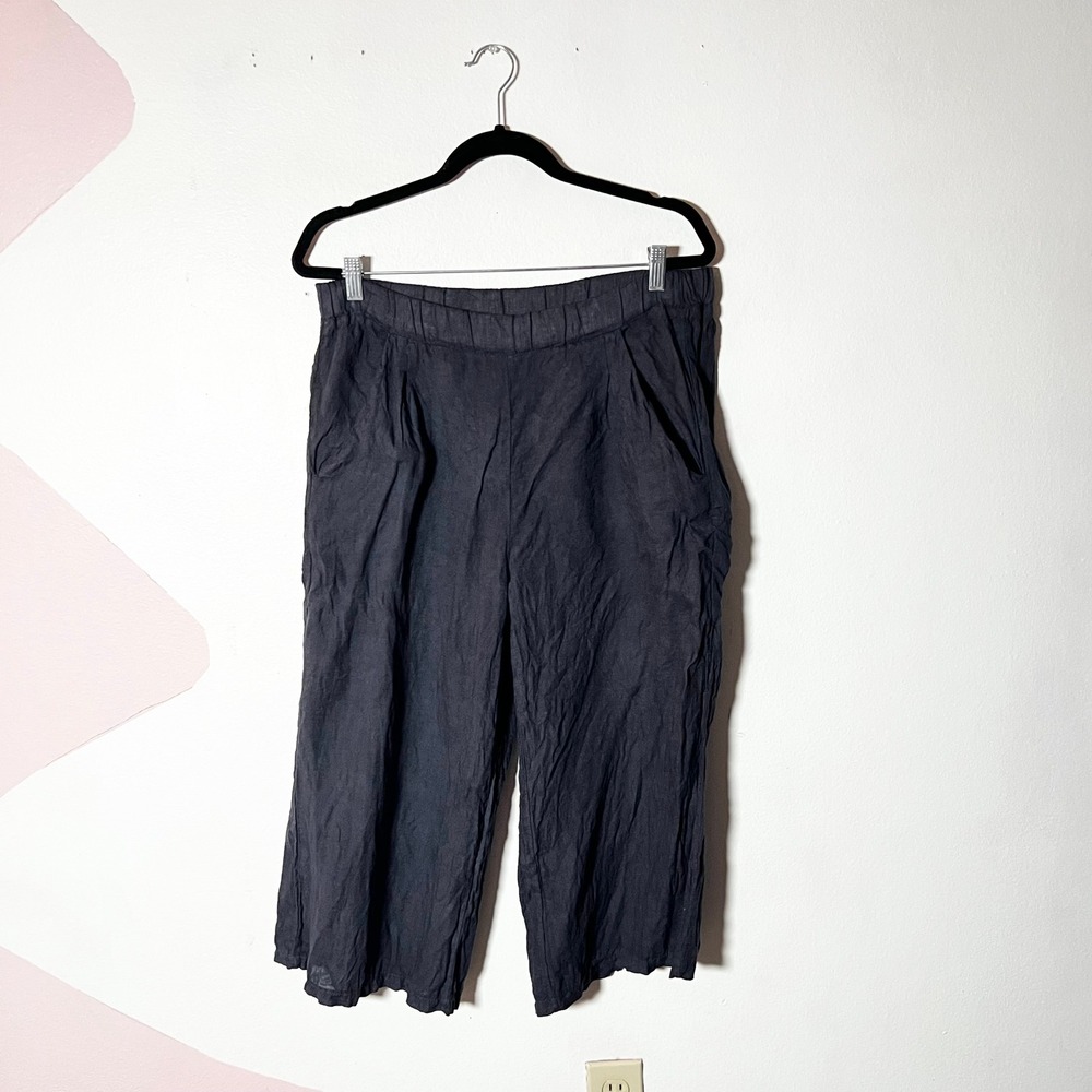 Pistache Italy 100% Linen Pants Womens Small Wide Leg Cropped Navy Blue